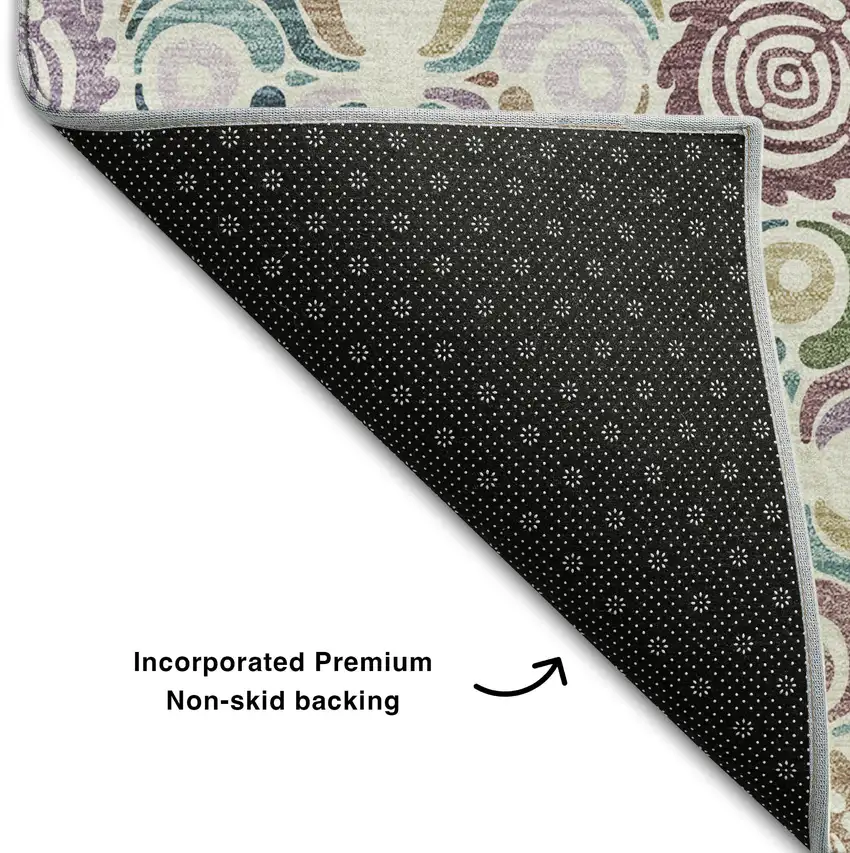 8' Ivory Purple And Teal Medallion Washable Round Rug With UV Protection Photo 6