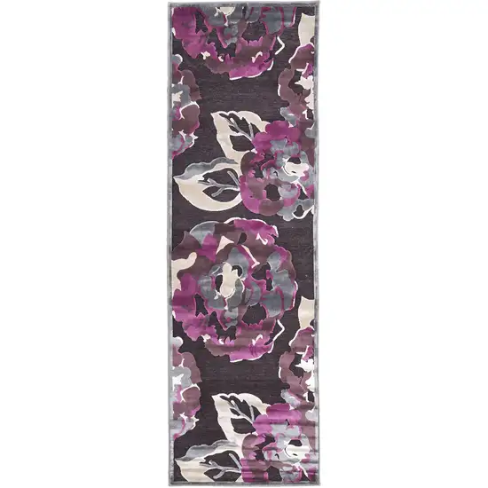 8' Ivory Purple and Taupe Floral Power Loom Runner Rug Photo 2