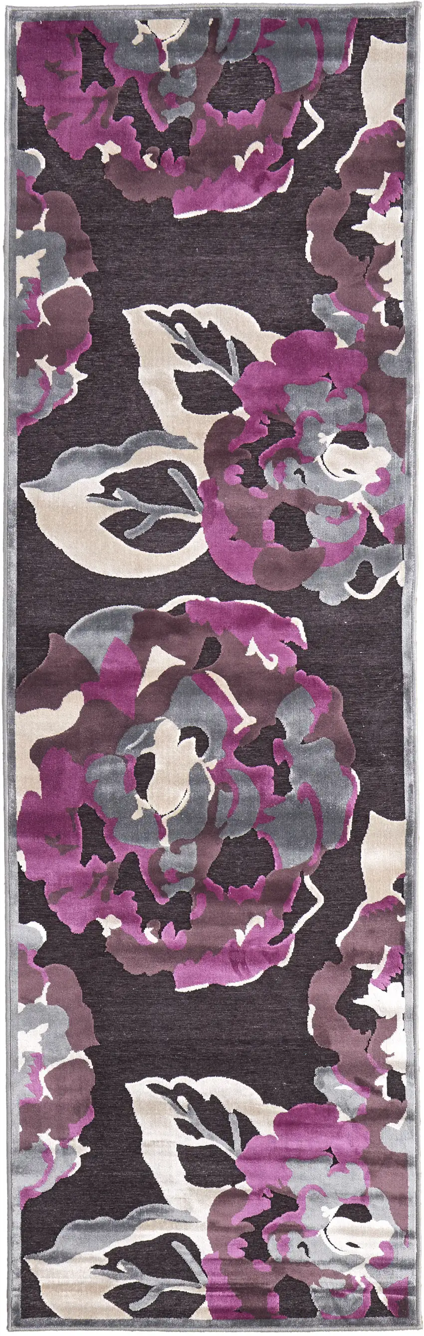 8' Ivory Purple and Taupe Floral Power Loom Runner Rug Photo 2