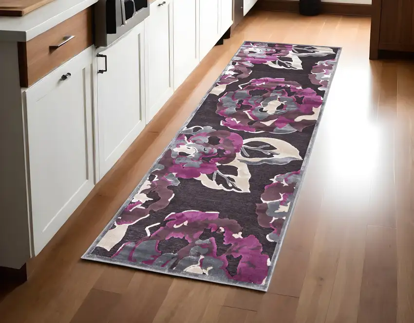 8' Ivory Purple and Taupe Floral Power Loom Runner Rug Photo 1