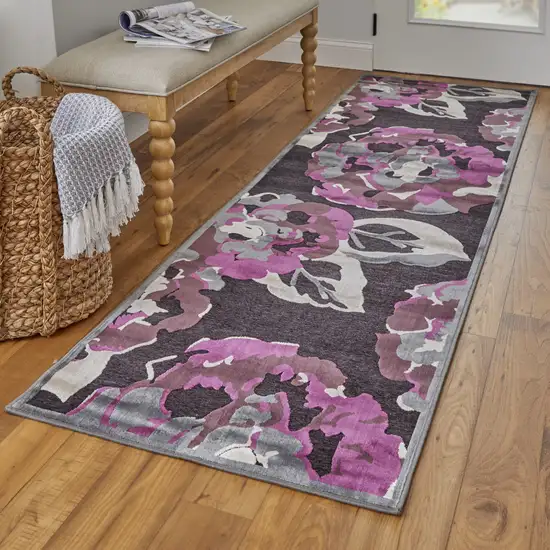 8' Ivory Purple and Taupe Floral Power Loom Runner Rug Photo 4