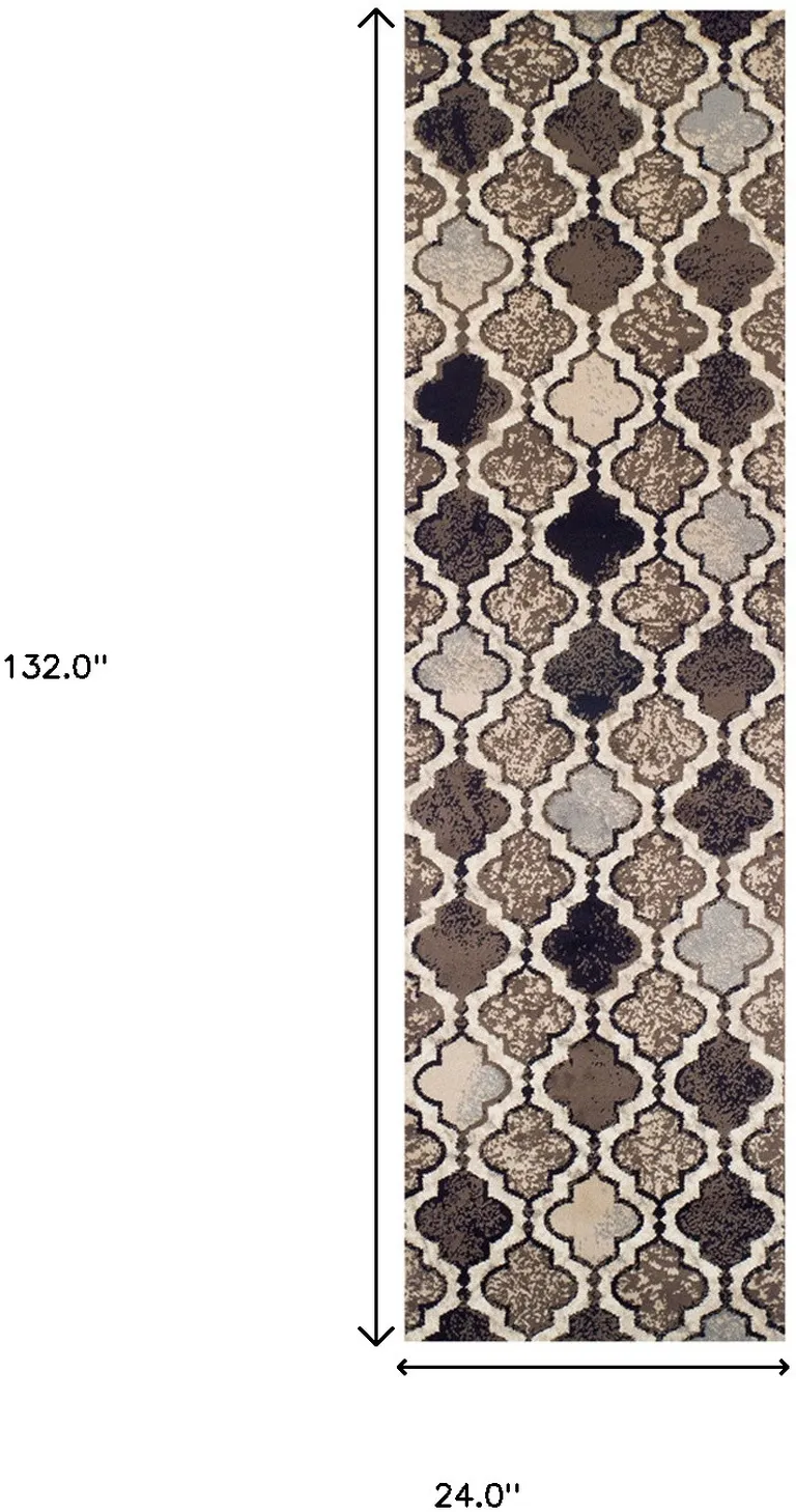 11' Ivory Quatrefoil Power Loom Distressed Runner Rug Photo 5