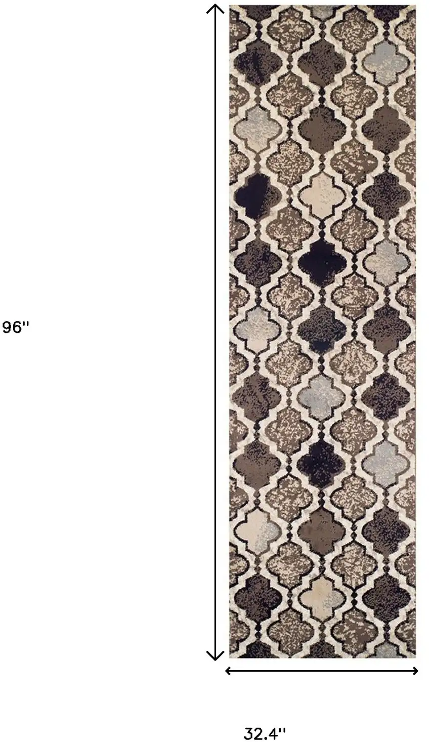 8' Ivory Quatrefoil Power Loom Distressed Stain Resistant Runner Rug Photo 6