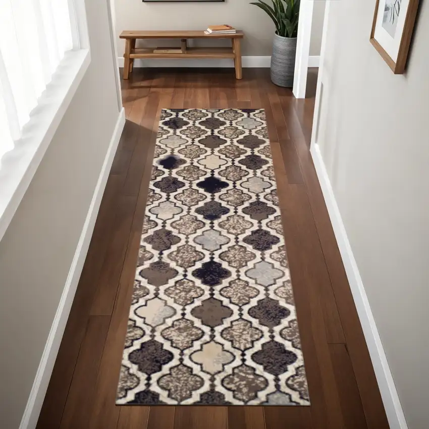 8' Ivory Brown And Black Quatrefoil Distressed Runner Rug Photo 1