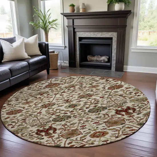 8' Ivory Red And Blue Floral Washable Round Rug With UV Protection Photo 4