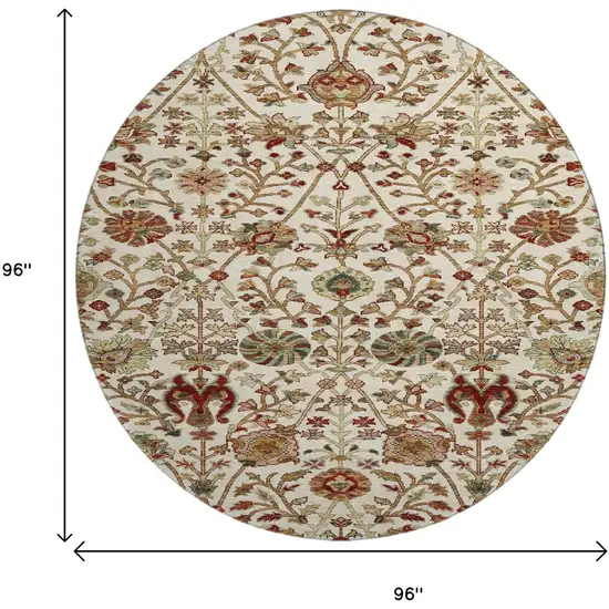 8' Ivory Red And Blue Floral Washable Round Rug With UV Protection Photo 9