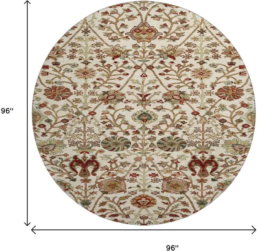 8' Ivory Red And Blue Floral Washable Round Rug With UV Protection Photo 9