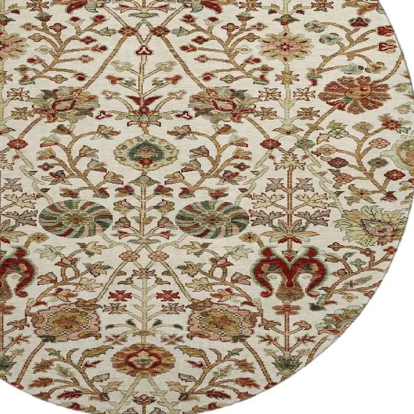 8' Ivory Red And Blue Floral Washable Round Rug With UV Protection Photo 2