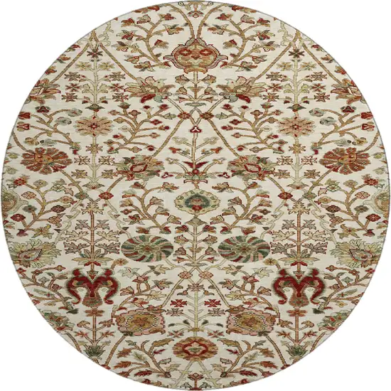 8' Ivory Red And Blue Floral Washable Round Rug With UV Protection Photo 1