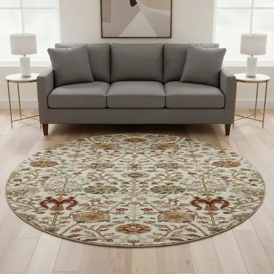 8' Ivory Red And Blue Floral Washable Round Rug With UV Protection Photo 2