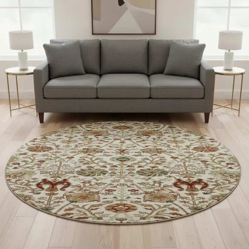 8' Ivory Red And Blue Floral Washable Round Rug With UV Protection Photo 2