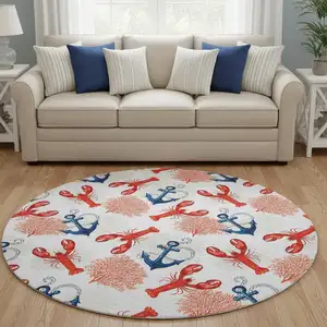 Photo of 8' Ivory Red And Blue Nautical Washable Round Rug With UV Protection