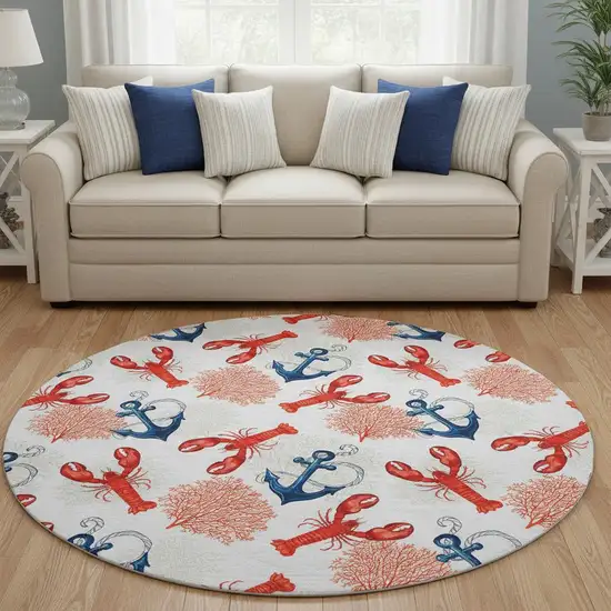 8' Ivory Red And Blue Nautical Washable Round Rug With UV Protection Photo 1