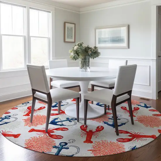 8' Ivory Red And Blue Nautical Washable Round Rug With UV Protection Photo 5