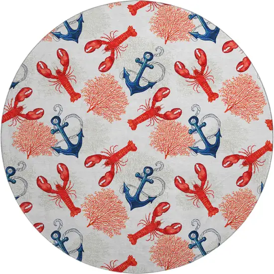 8' Ivory Red And Blue Nautical Washable Round Rug With UV Protection Photo 2