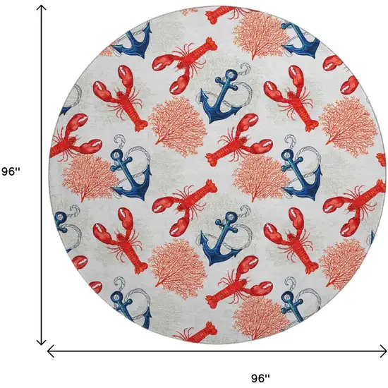 8' Ivory Red And Blue Nautical Washable Round Rug With UV Protection Photo 3