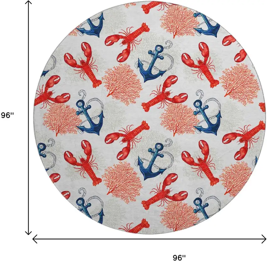 8' Ivory Red And Blue Nautical Washable Round Rug With UV Protection Photo 3