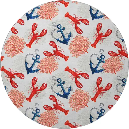 8' Ivory Red And Blue Nautical Washable Round Rug With UV Protection Photo 4