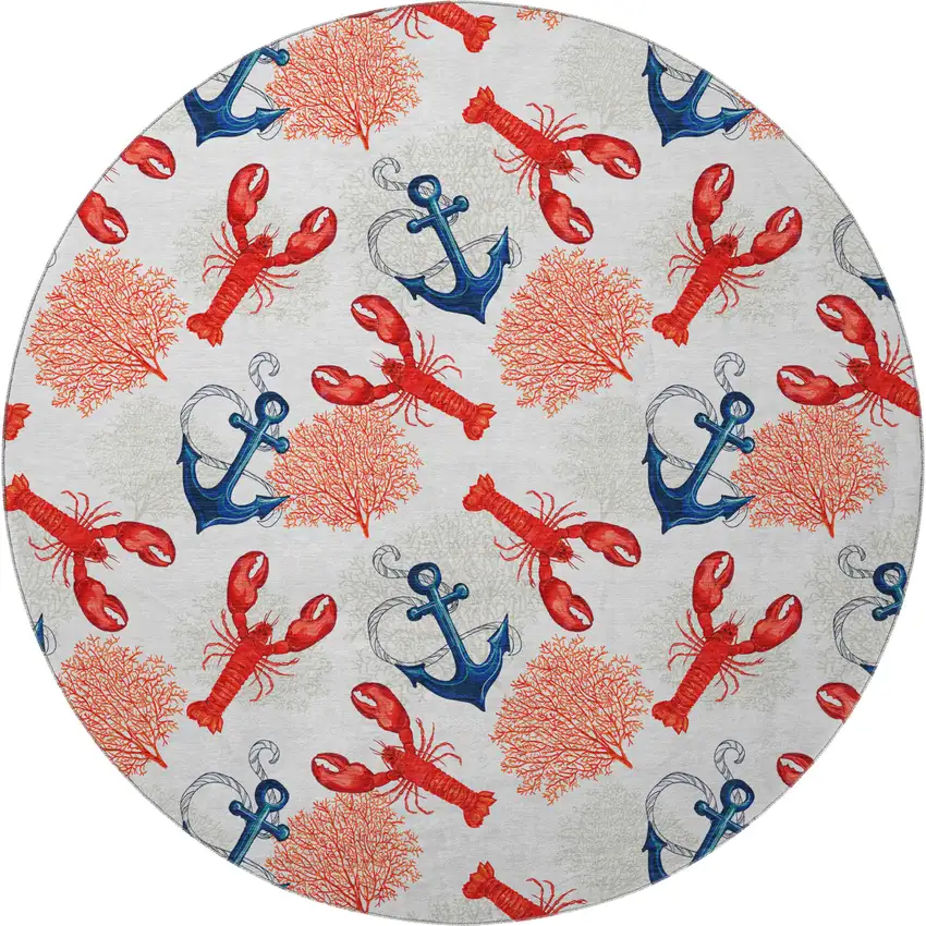 8' Ivory Red And Blue Nautical Washable Round Rug With UV Protection Photo 4