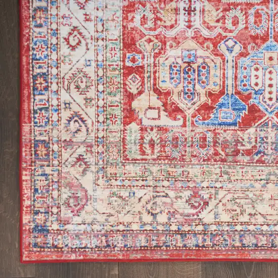 8' Ivory Red And Blue Oriental Distressed Non Skid Runner Rug Photo 9