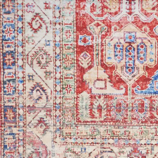 8' Ivory Red And Blue Oriental Distressed Non Skid Runner Rug Photo 2