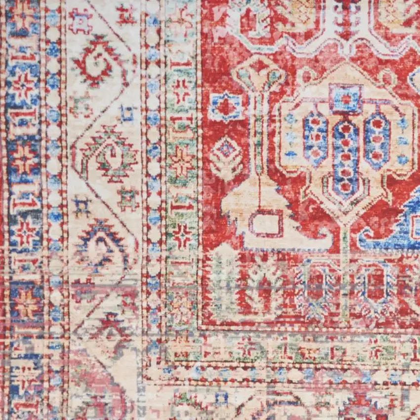 8' Ivory Red And Blue Oriental Distressed Non Skid Runner Rug Photo 2