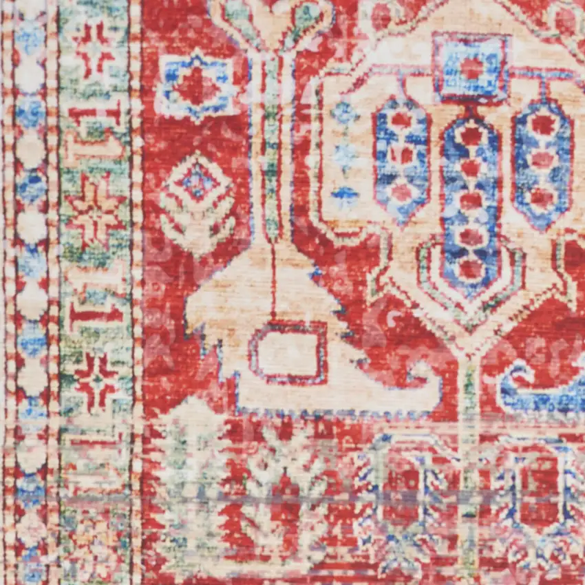 8' Ivory Red And Blue Oriental Distressed Non Skid Runner Rug Photo 9