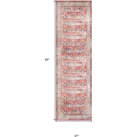 8' Ivory Red And Blue Oriental Distressed Non Skid Runner Rug Photo 3