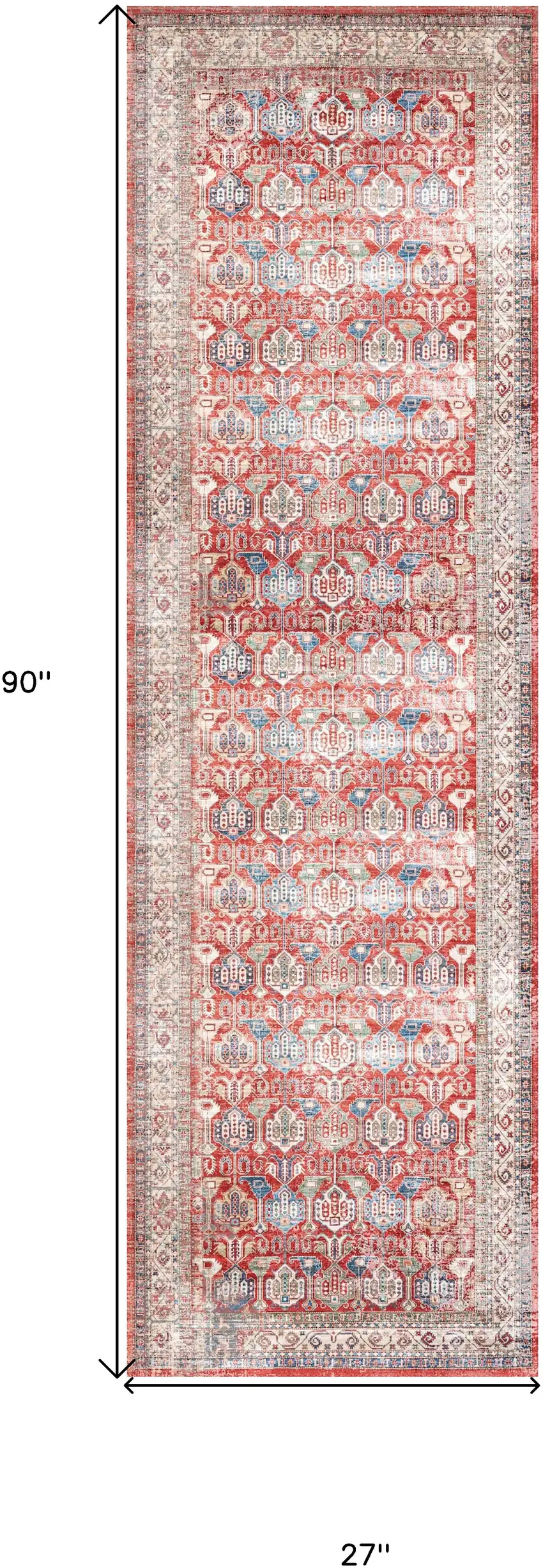8' Ivory Red And Blue Oriental Distressed Non Skid Runner Rug Photo 3
