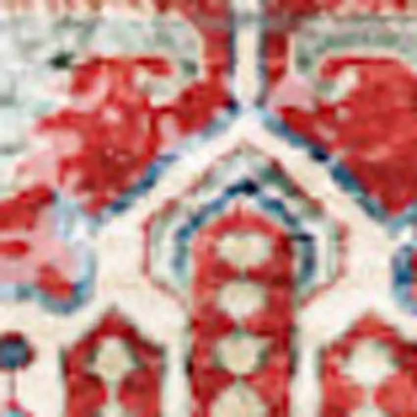 8' Ivory Red And Blue Oriental Distressed Non Skid Runner Rug Photo 7