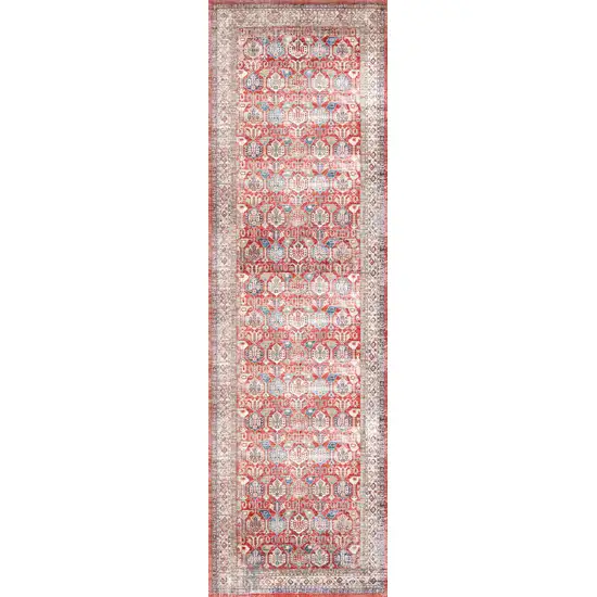 8' Ivory Red And Blue Oriental Distressed Non Skid Runner Rug Photo 6