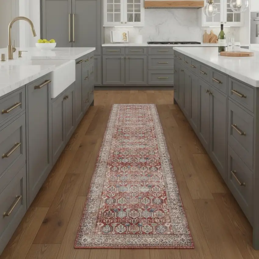 8' Ivory Red And Blue Oriental Distressed Non Skid Runner Rug Photo 1