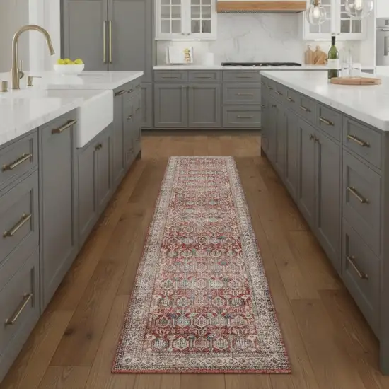 8' Ivory Red And Blue Oriental Distressed Non Skid Runner Rug Photo 1