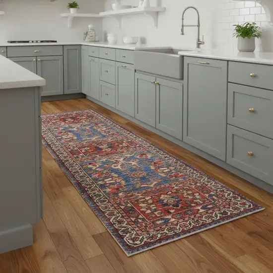 8' Ivory Red And Blue Oriental Distressed Non Skid Runner Rug Photo 1