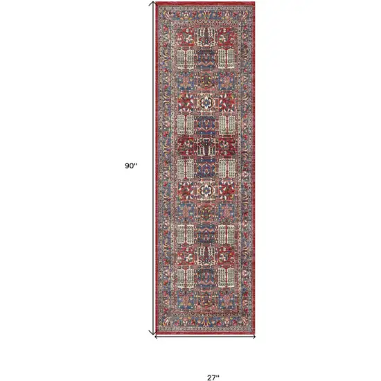 8' Ivory Red And Blue Oriental Distressed Non Skid Runner Rug Photo 3