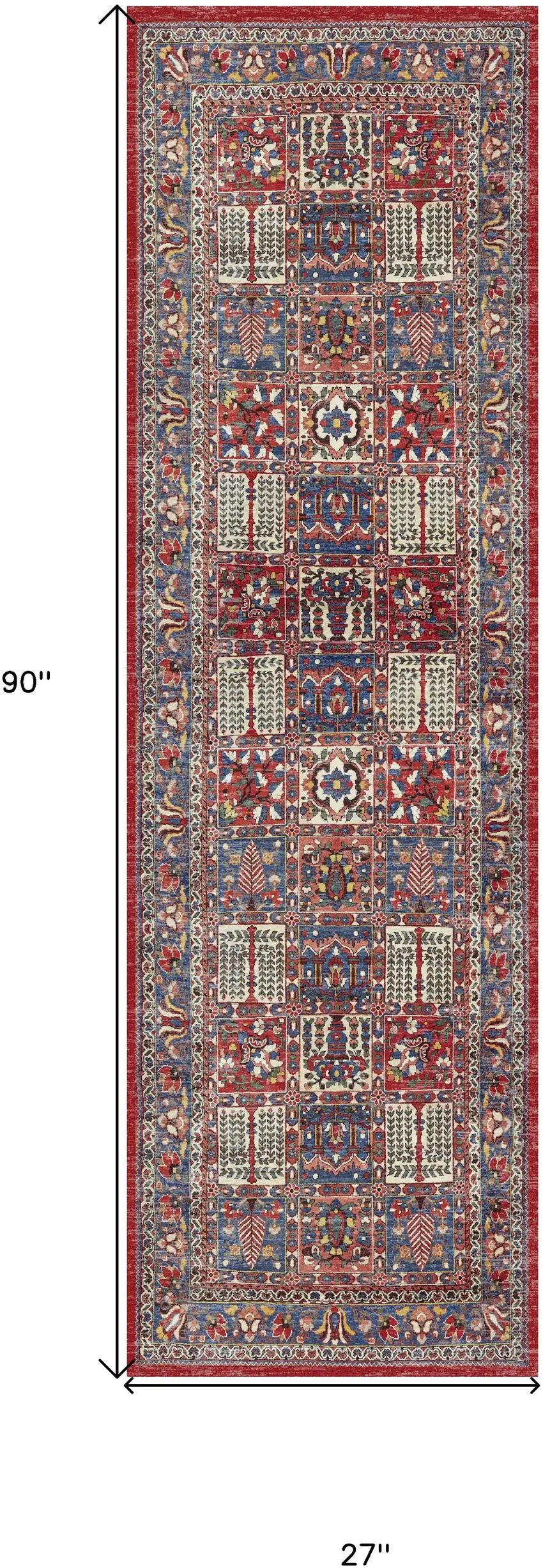 8' Ivory Red And Blue Oriental Distressed Non Skid Runner Rug Photo 3