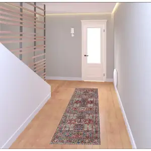 Photo of 8' Ivory Red And Blue Oriental Distressed Non Skid Runner Rug