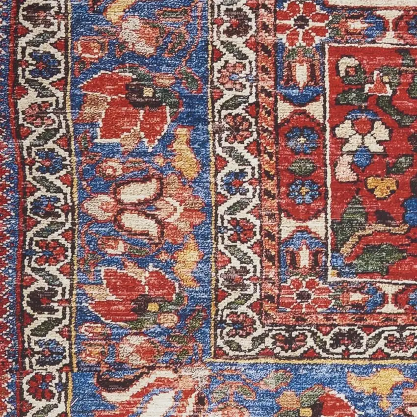 8' Ivory Red And Blue Oriental Distressed Non Skid Runner Rug Photo 2