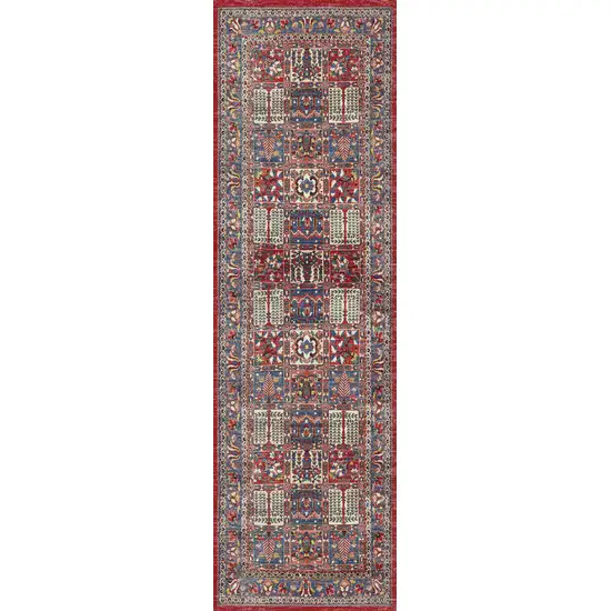 8' Ivory Red And Blue Oriental Distressed Non Skid Runner Rug Photo 6