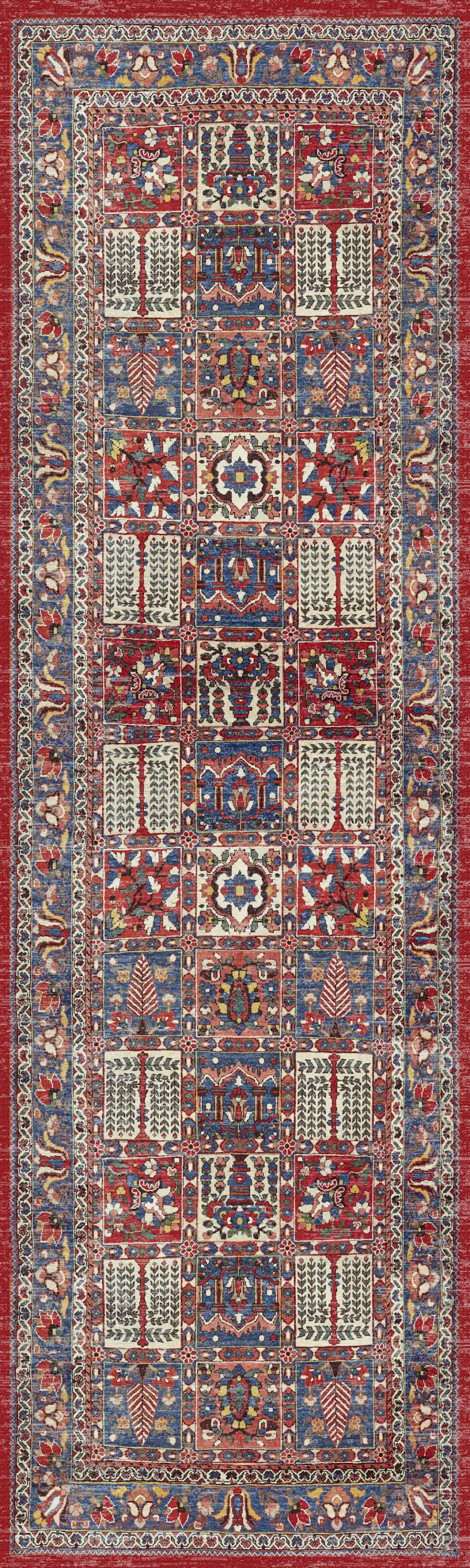 8' Ivory Red And Blue Oriental Distressed Non Skid Runner Rug Photo 6