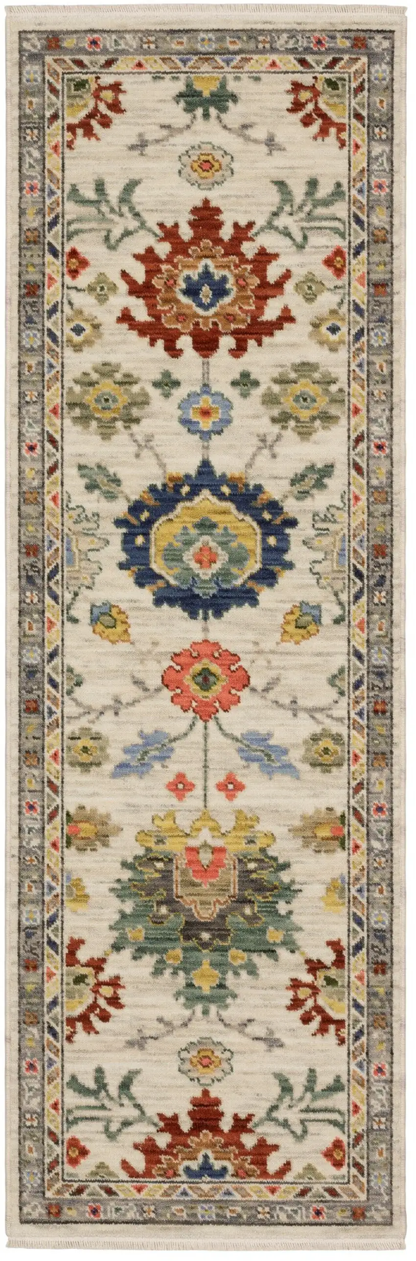 6' Ivory Red And Blue Oriental Runner Rug With Fringe Photo 4