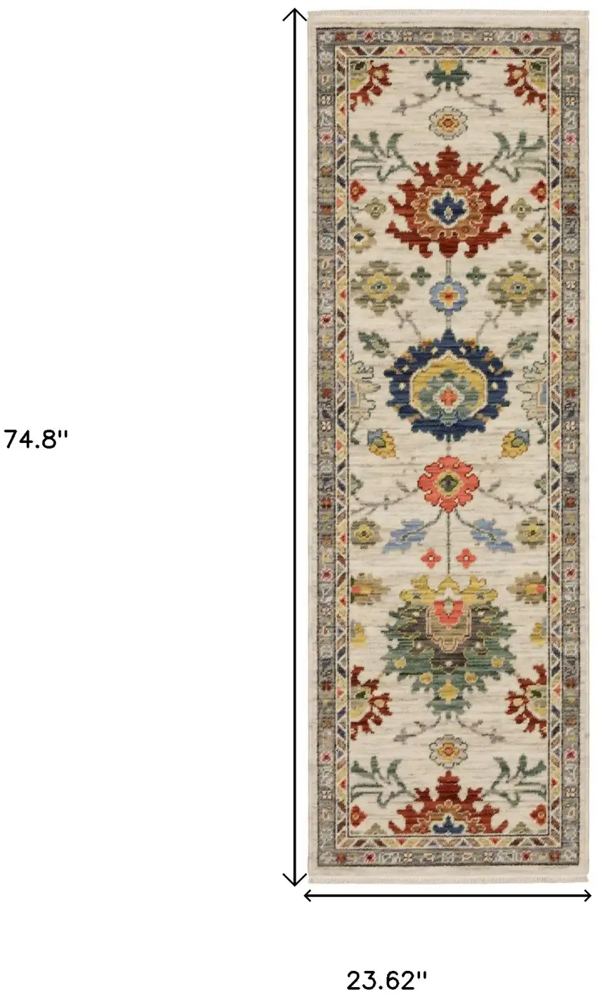 6' Ivory Red And Blue Oriental Runner Rug With Fringe Photo 3