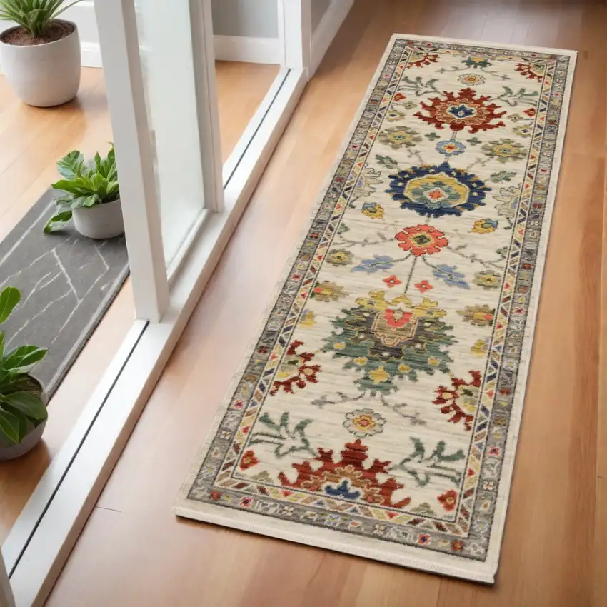 6' Ivory Red And Blue Oriental Runner Rug With Fringe Photo 1