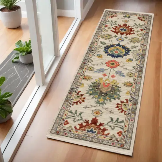 6' Ivory Red And Blue Oriental Runner Rug With Fringe Photo 1