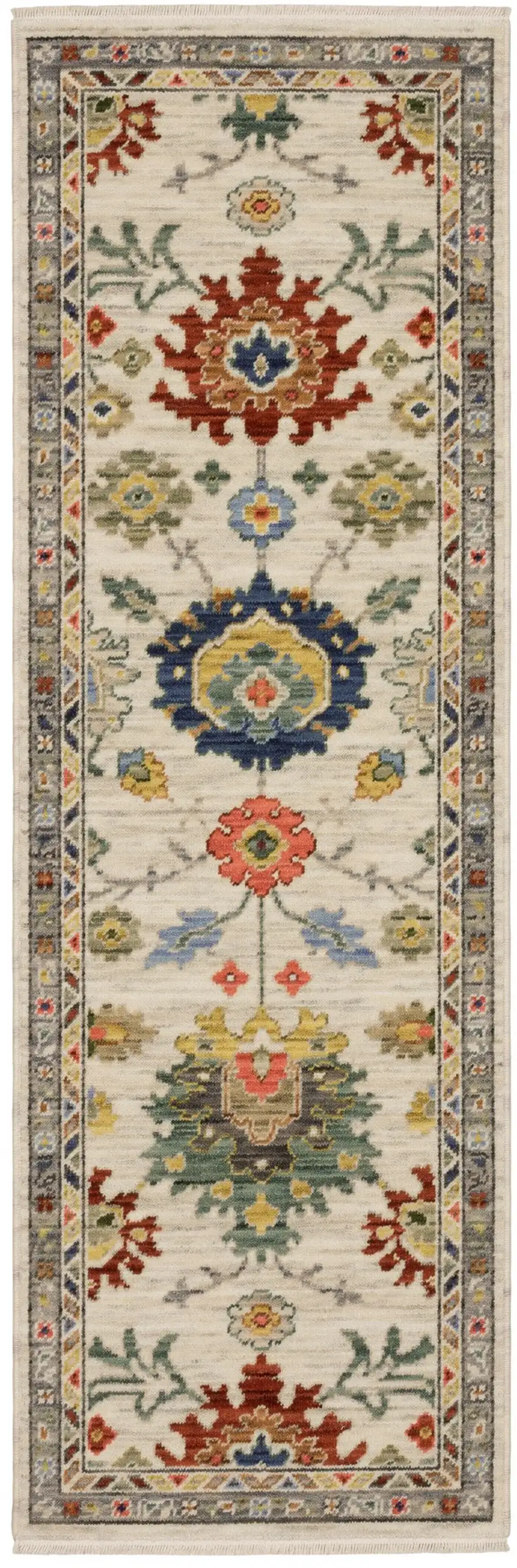 6' Ivory Red And Blue Oriental Runner Rug With Fringe Photo 2