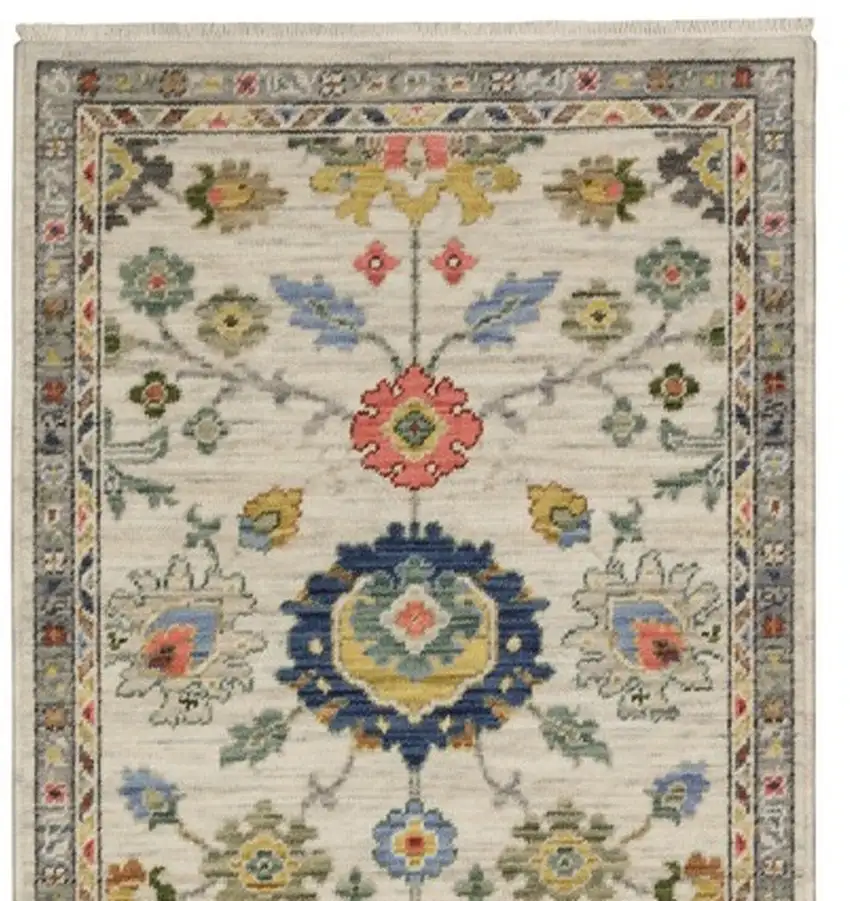 12' Ivory Red And Blue Oriental Runner Rug With Fringe Photo 4