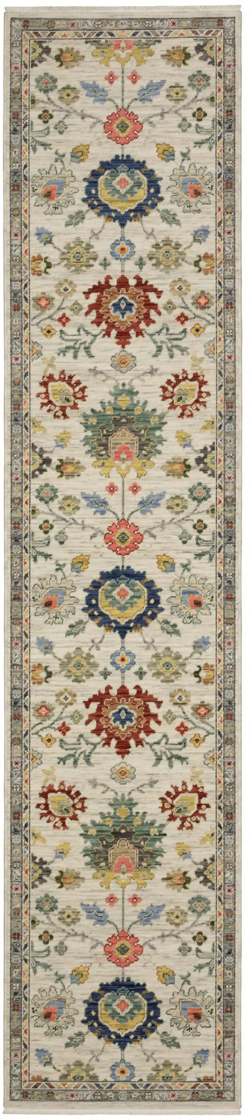 12' Ivory Red And Blue Oriental Runner Rug With Fringe Photo 2