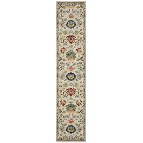 12' Ivory Red And Blue Oriental Runner Rug With Fringe Photo 2