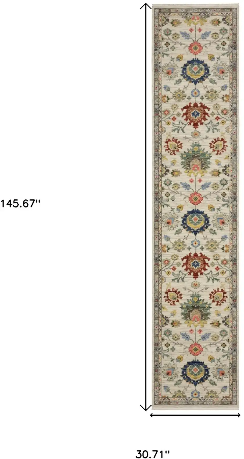12' Ivory Red And Blue Oriental Runner Rug With Fringe Photo 3