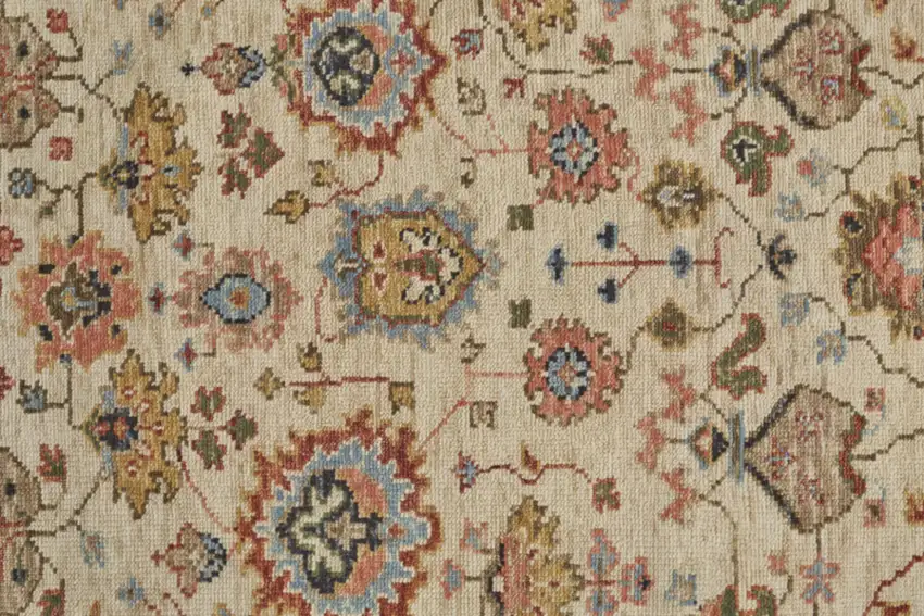 8' Ivory Red And Blue Wool Floral Hand Knotted Stain Resistant Runner Rug Photo 3